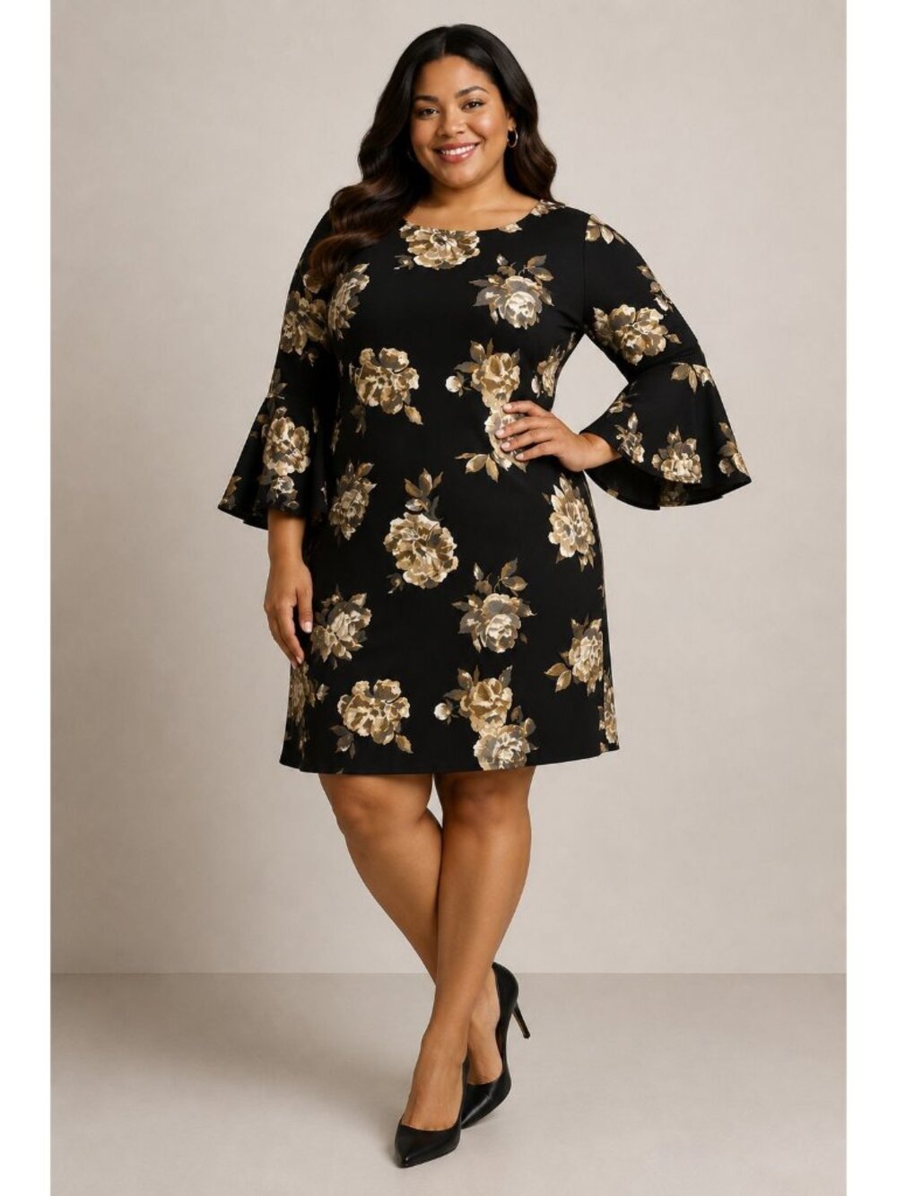 Eliza J Women's Black Metallic Floral Bell Sleeve Sheath Dress Size 22W